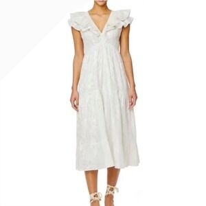 Roller Rabbit Anse White Silvery Lurex Paisley Tiered Ruffle Midi Dress  Small
